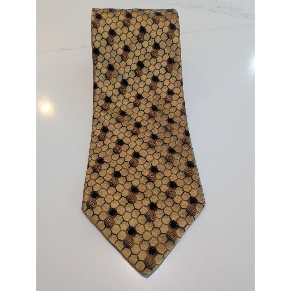 Pavone Tie Mens Silk Italian Gold Geometric Pattern Made in Italy 4" Wide